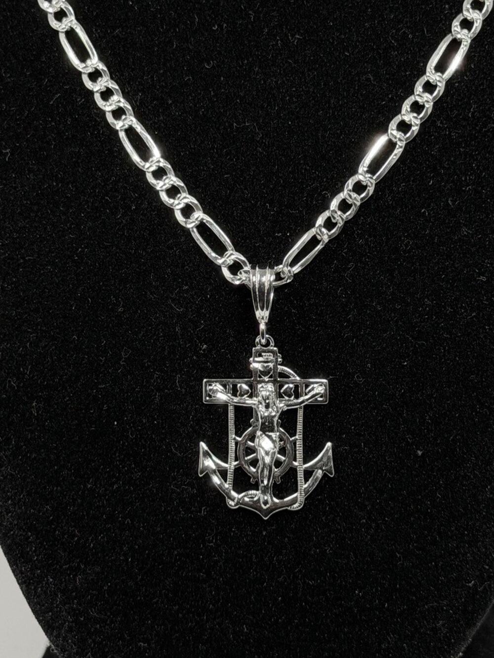 Sterling Silver 925 Mariner Anchor Crucifix Pendant 4.2mm Figaro Chain 22 Inch